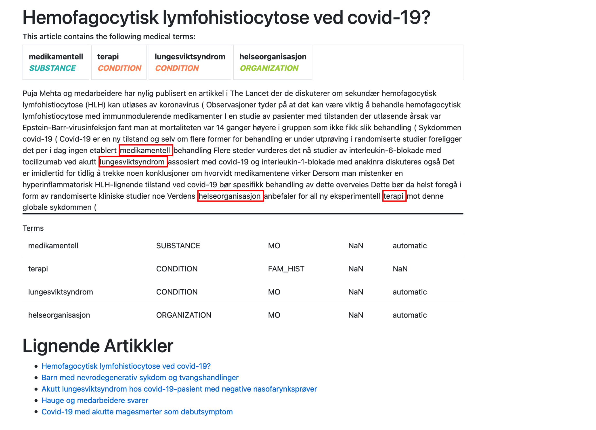 A screenshot of the finished web application. The user is browsing an article
on Covid-19, and relevant substances, conditions and other entities are
highlighted in the text. Based on these findings, the website could also hint to
other similar articles.