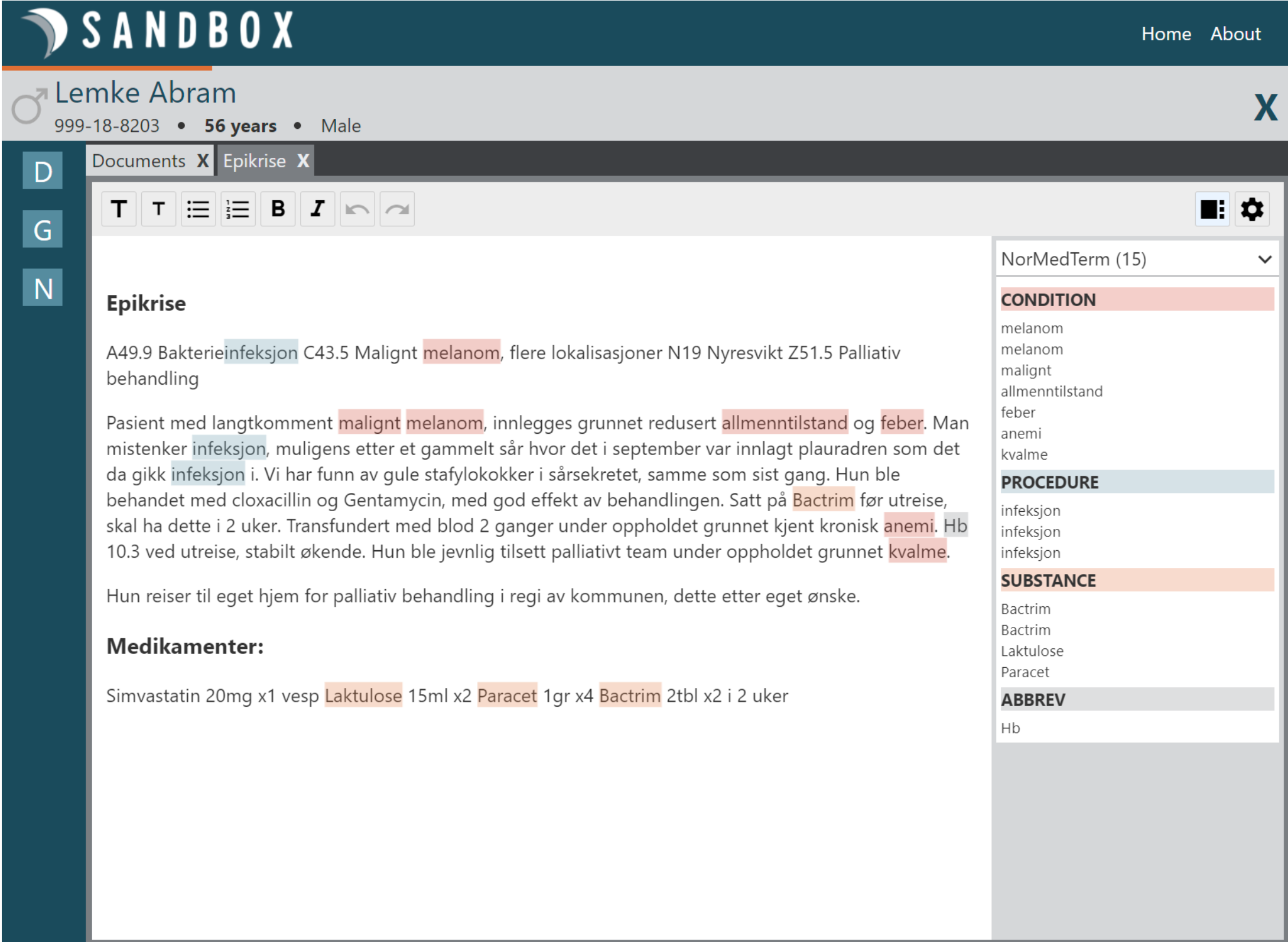 A screenshot of a smart text editor in DIPS that automatically discovers
relevant entities, based on the work the students did